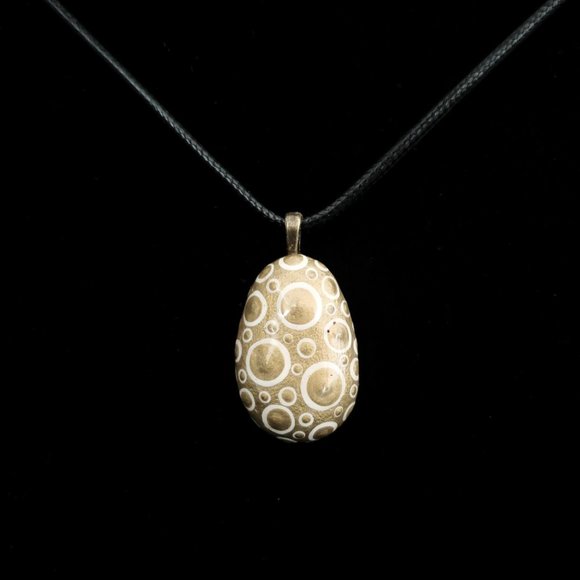 Hand Painted Dot Art Pendant. Gold with Parchment and Gold Spheres - Picture 2 of 16